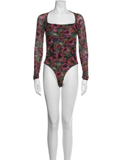 Pre-owned Misa Floral Print Square Neckline Bodysuit In Multi
