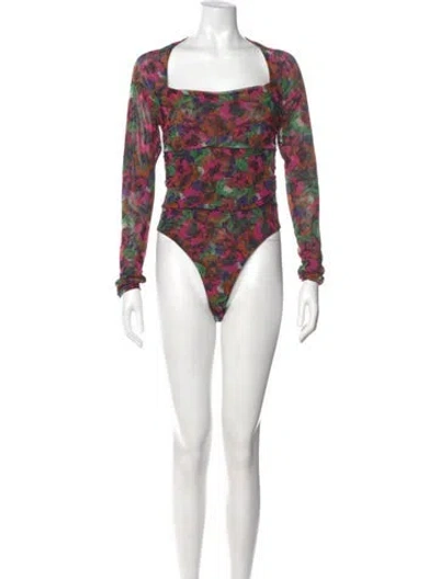Pre-owned Misa Floral Print Square Neckline Bodysuit In Pink