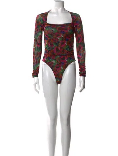 Pre-owned Misa Floral Print Square Neckline Bodysuit In Pink