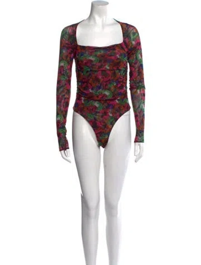 Pre-owned Misa Floral Print Square Neckline Bodysuit In Purple
