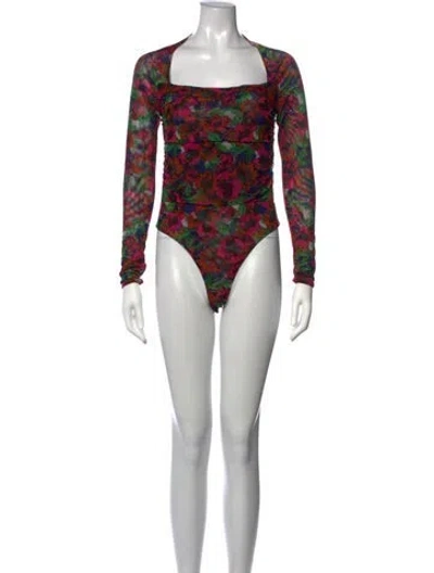 Pre-owned Misa Floral Print Square Neckline Bodysuit In Purple