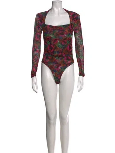 Pre-owned Misa Floral Print Square Neckline Bodysuit In Purple