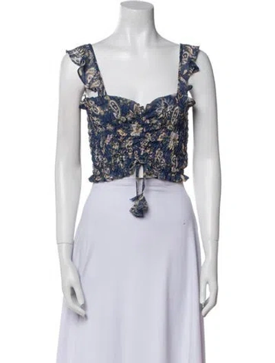 Pre-owned Misa Floral Print Square Neckline Crop Top In Blue