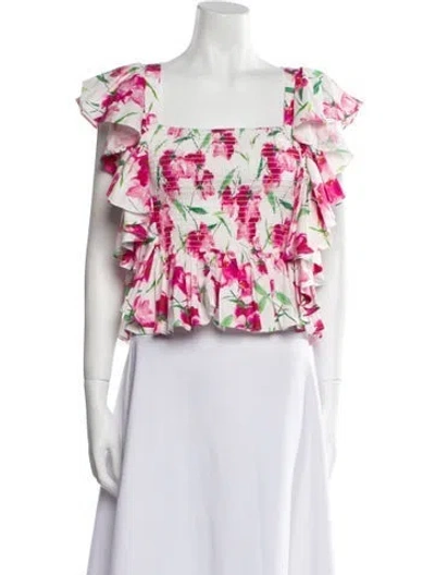 Pre-owned Misa Floral Print Square Neckline Crop Top In White