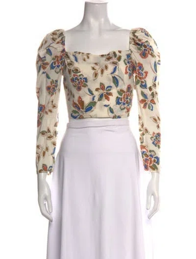 Pre-owned Misa Floral Print Square Neckline Crop Top In White