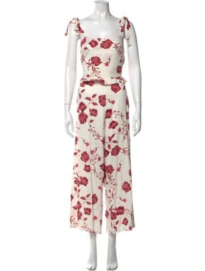 Pre-owned Misa Floral Print Square Neckline Jumpsuit In White