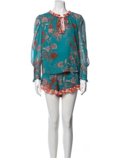 Pre-owned Misa Floral Print Tassel Accents Short Set In Multicolor