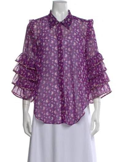 Pre-owned Misa Floral Print Three-quarter Sleeve Blouse In Purple
