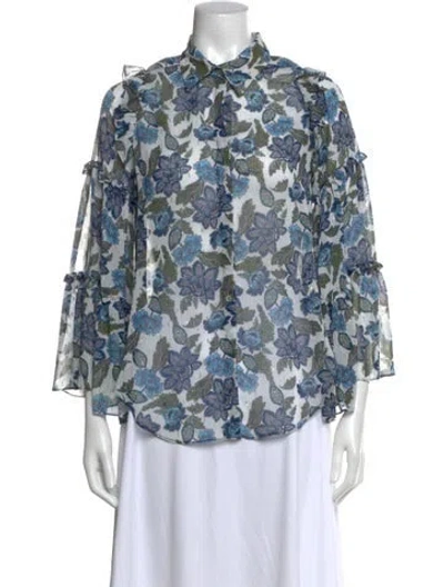 Pre-owned Misa Floral Print Three-quarter Sleeve Blouse In White