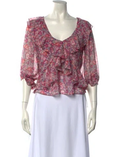 Pre-owned Misa Floral Print Three-quarter Sleeve Crop Top In Pink