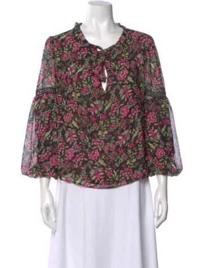 Pre-owned Misa Floral Print Tie Neck Blouse In Black