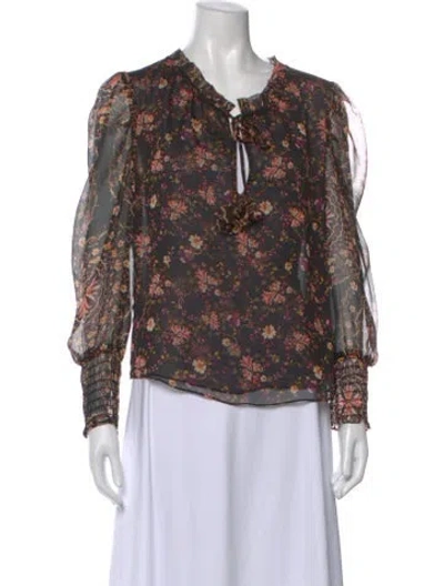 Pre-owned Misa Floral Print Tie Neck Blouse In Black