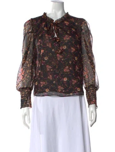 Pre-owned Misa Floral Print Tie Neck Blouse In Black