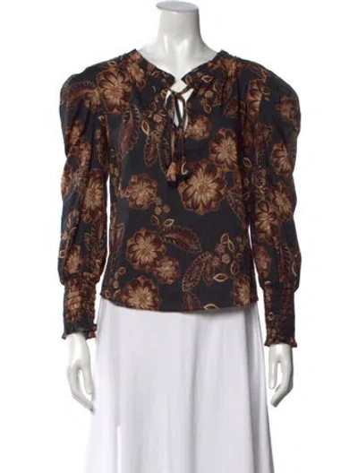 Pre-owned Misa Floral Print Tie Neck Blouse In Black