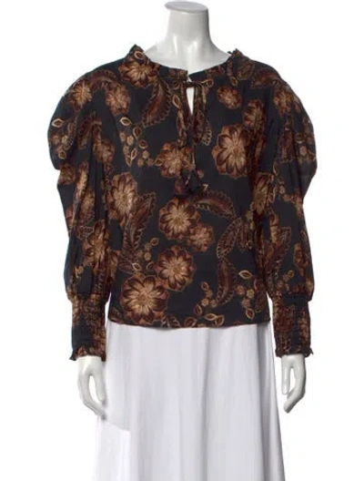 Pre-owned Misa Floral Print Tie Neck Blouse In Black