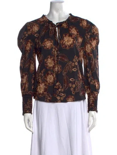 Pre-owned Misa Floral Print Tie Neck Blouse In Black