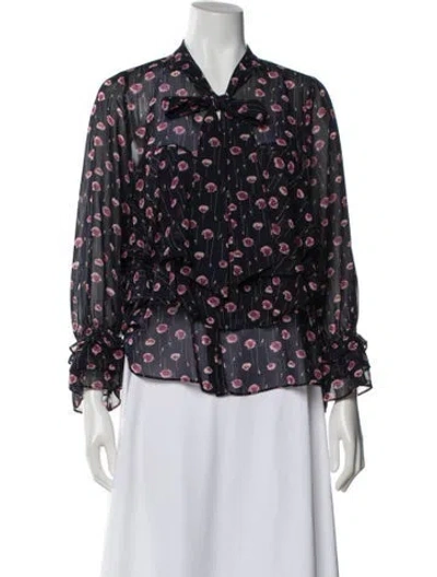 Pre-owned Misa Floral Print Tie Neck Blouse In Blue