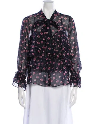 Pre-owned Misa Floral Print Tie Neck Blouse In Blue