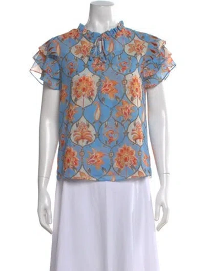 Pre-owned Misa Floral Print Tie Neck Blouse In Blue