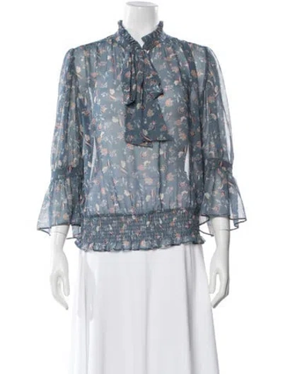 Pre-owned Misa Floral Print Tie Neck Blouse In Blue