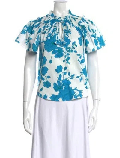 Pre-owned Misa Floral Print Tie Neck Blouse In Blue
