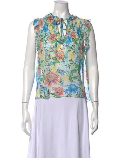 Pre-owned Misa Floral Print Tie Neck Blouse In Blue