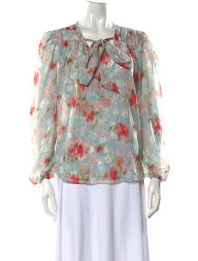 Pre-owned Misa Floral Print Tie Neck Blouse In Blue