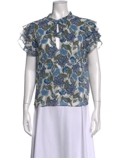 Pre-owned Misa Floral Print Tie Neck Blouse In Blue