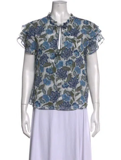 Pre-owned Misa Floral Print Tie Neck Blouse In Blue