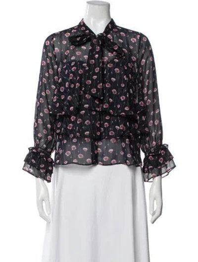 Pre-owned Misa Floral Print Tie Neck Blouse In Blue