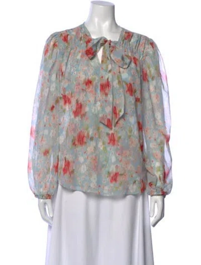 Pre-owned Misa Floral Print Tie Neck Blouse In Blue/green/red