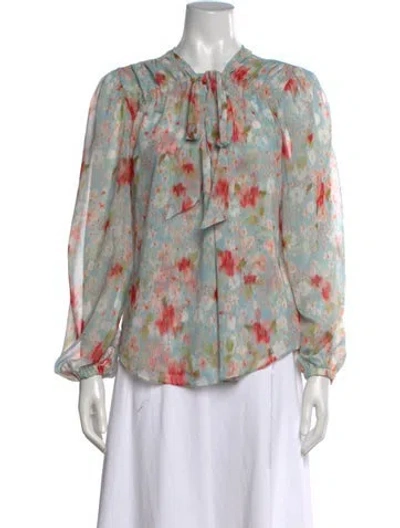 Pre-owned Misa Floral Print Tie Neck Blouse In Blue/green/red