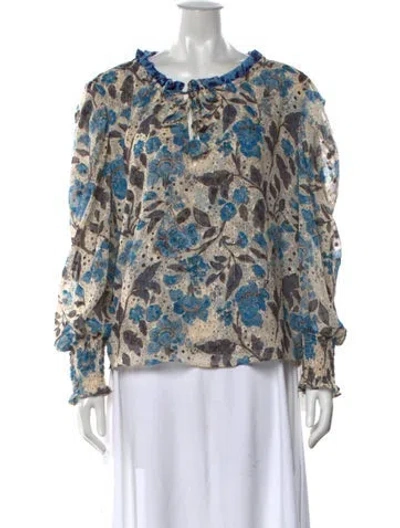 Pre-owned Misa Floral Print Tie Neck Blouse In Blue/metallic/neutrals
