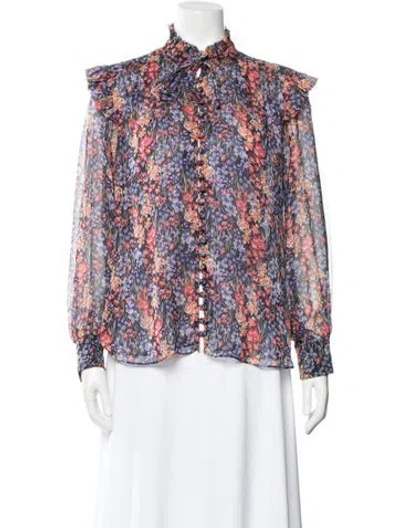 Pre-owned Misa Floral Print Tie Neck Blouse In Blue/red