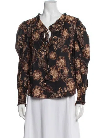 Pre-owned Misa Floral Print Tie Neck Blouse In Brown