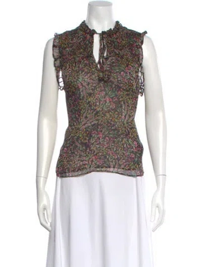 Pre-owned Misa Floral Print Tie Neck Blouse In Gray