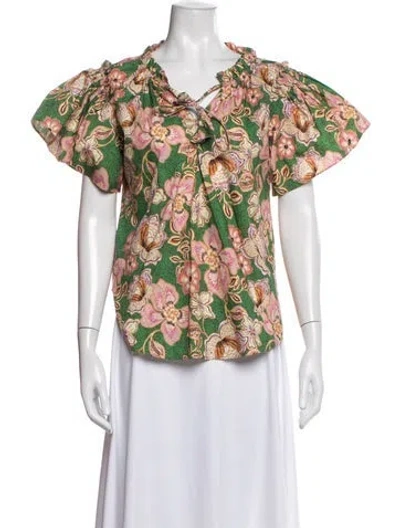 Pre-owned Misa Floral Print Tie Neck Blouse In Green