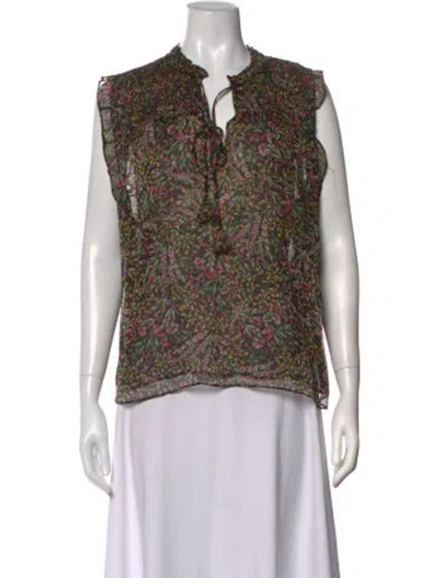 Pre-owned Misa Floral Print Tie Neck Blouse In Green