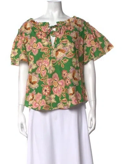 Pre-owned Misa Floral Print Tie Neck Blouse In Green/pink