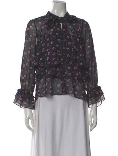 Pre-owned Misa Floral Print Tie Neck Blouse In Grey