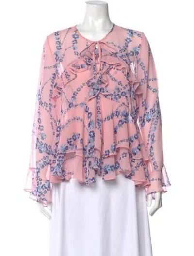 Pre-owned Misa Floral Print Tie Neck Blouse In Pink
