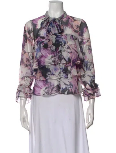Pre-owned Misa Floral Print Tie Neck Blouse In Purple