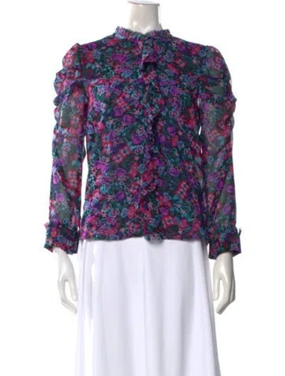 Pre-owned Misa Floral Print Tie Neck Blouse In Purple