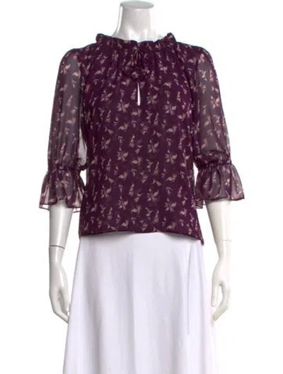 Pre-owned Misa Floral Print Tie Neck Blouse In Purple