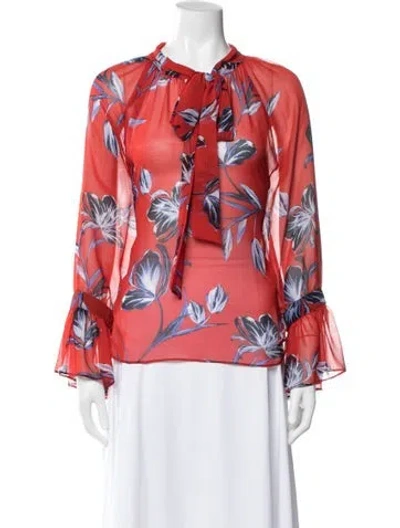 Pre-owned Misa Floral Print Tie Neck Blouse In Red
