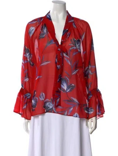 Pre-owned Misa Floral Print Tie Neck Blouse In Red