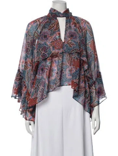 Pre-owned Misa Floral Print Tie Neck Blouse In Red