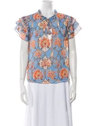 Pre-owned Misa Floral Print Tie Neck Blouse W/ Tags In Blue