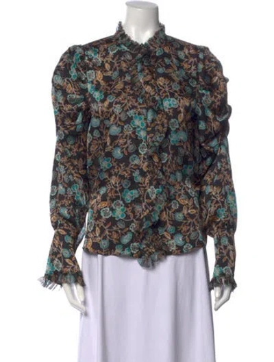 Pre-owned Misa Floral Print Tie Neck Blouse W/ Tags In Blue