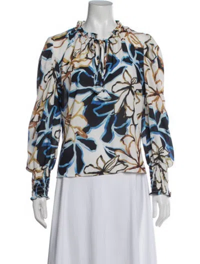 Pre-owned Misa Floral Print Tie Neck Blouse W/ Tags In Blue